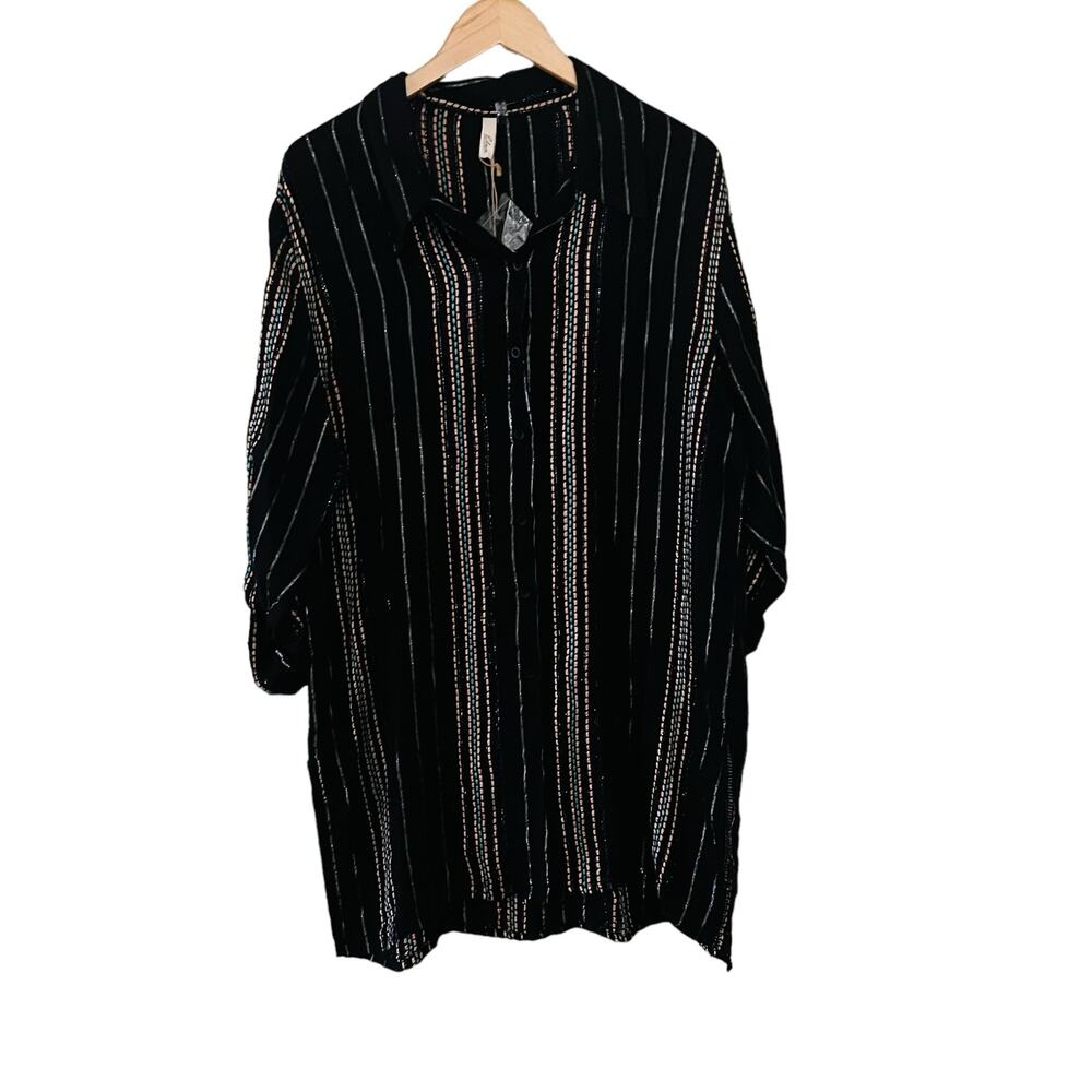 Elan Multicolored Striped Oversized Button Up Tunic Shirt Size Medium NWT